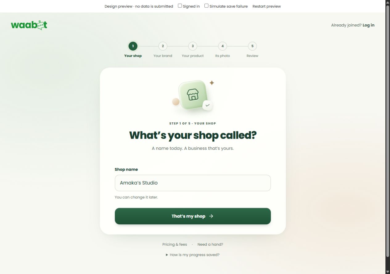 Waabot shop setup showing the five steps and the Your shop form.