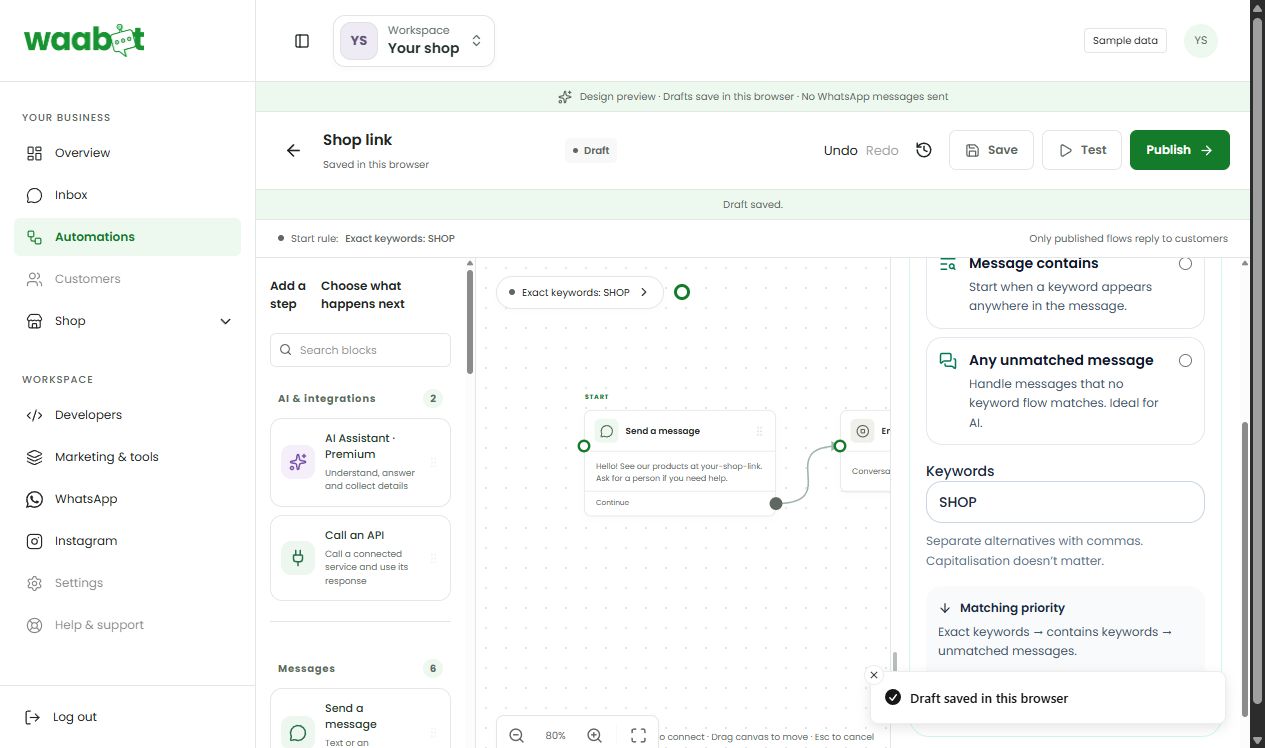 WhatsApp flow editor with SHOP keyword, message block and Save, Test and Publish controls.