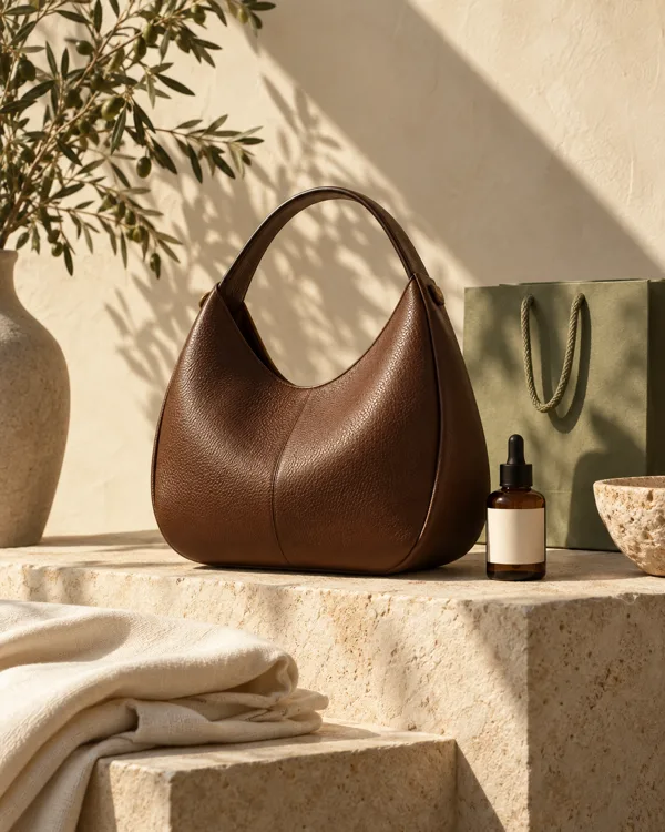 Example product post with a leather bag and skincare